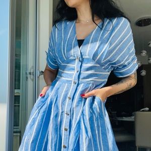Elegant Blue Stripped Dress with Corset Style Waist and Pockets